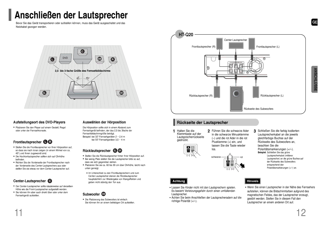 Samsung HT-Q20R/ELS, HT-TQ22R/ELS manual Anschließen der Lautsprecher, Rückseite der Lautsprecher 