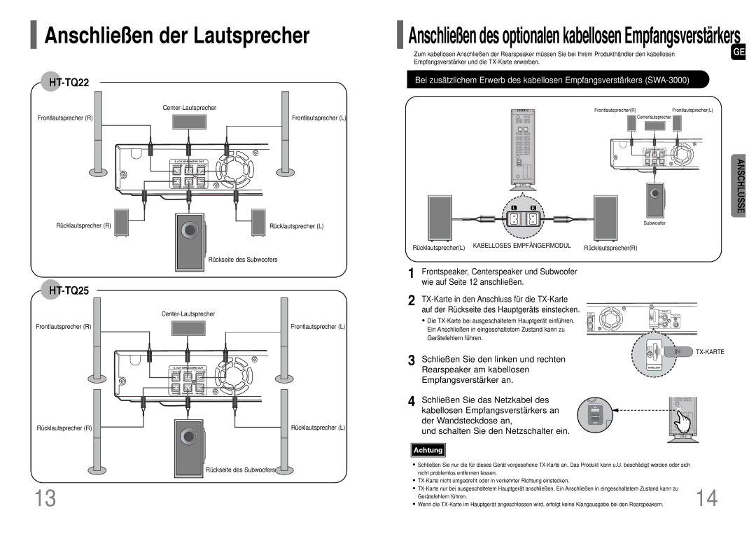 Samsung HT-TQ22R/ELS Schließen Sie den linken und rechten, Frontlautsprecher R, Rücklautsprecher R, RücklautsprecherL 