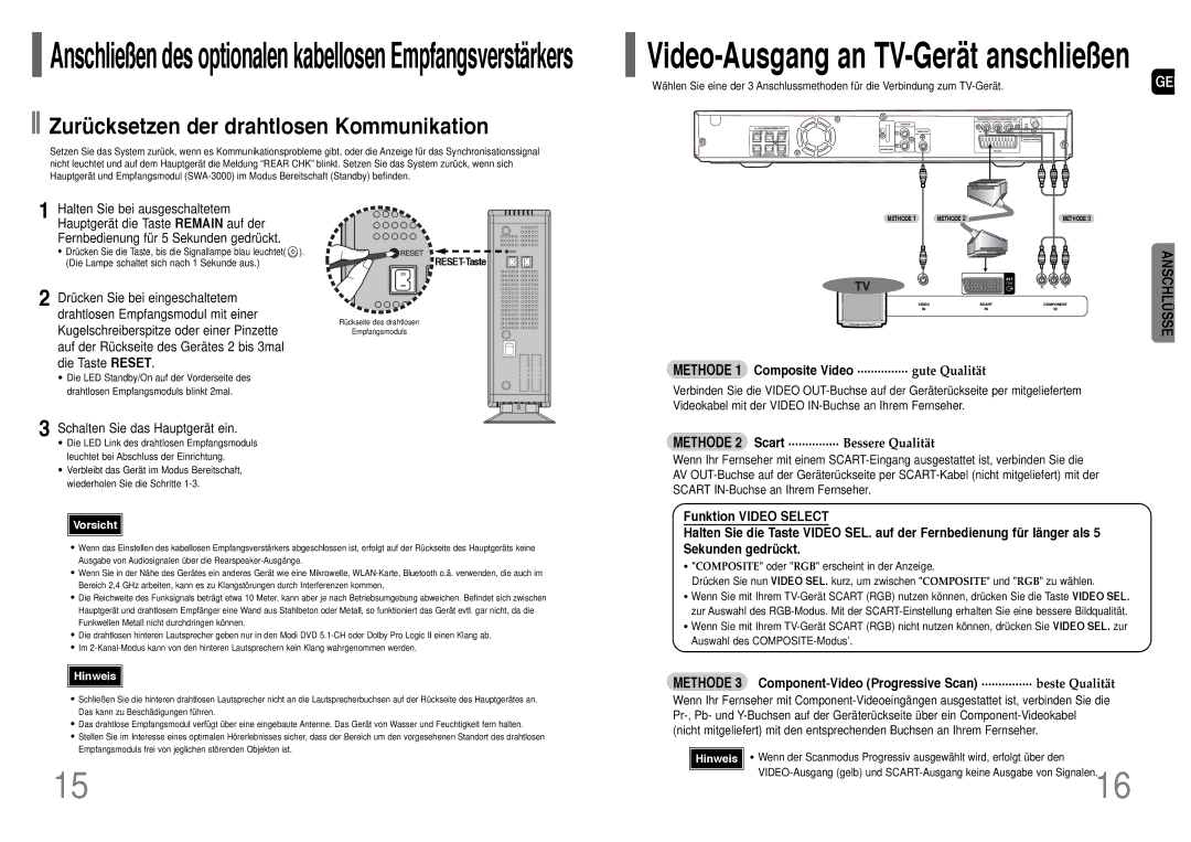 Samsung HT-Q20R/ELS manual Zurücksetzen der drahtlosen Kommunikation, Schalten Sie das Hauptgerät ein, Sekunden gedrückt 