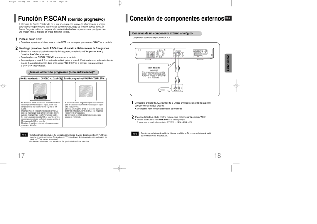 Samsung HT-TQ22R/ELS Función P.SCAN barrido progresivo, Conexión de un componente externo analógico, Pulse el botón Stop 