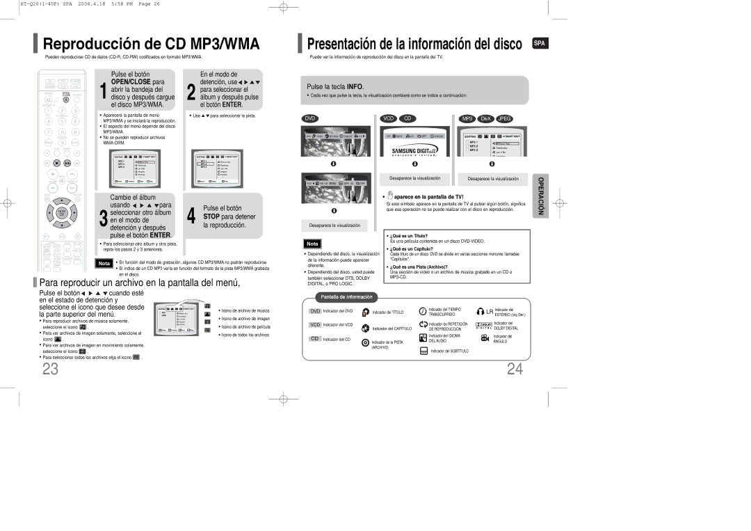 Samsung HT-Q20R/ELS, HT-TQ22R/ELS manual Reproducción de CD MP3/WMA, Pulse el botón, OPEN/CLOSE para, Pulse la tecla Info 