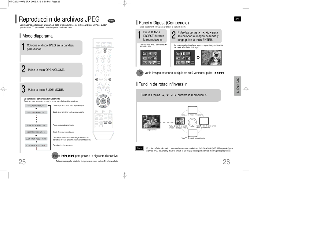 Samsung HT-TQ22R/ELS, HT-Q20R/ELS manual Función de rotación/inversión, Pulse la tecla OPEN/CLOSE Pulse la tecla Slide Mode 