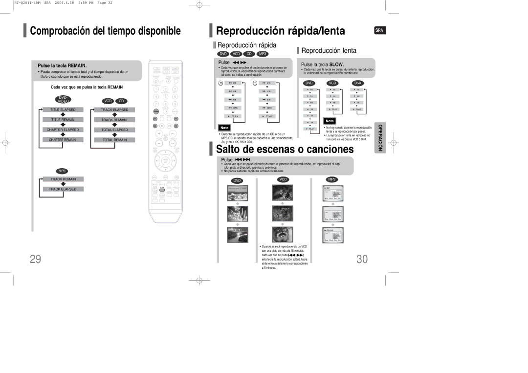 Samsung HT-TQ22R/ELS, HT-Q20R/ELS manual Reproducción rápida/lenta, Pulse la tecla Remain, Pulse La tecla Slow 