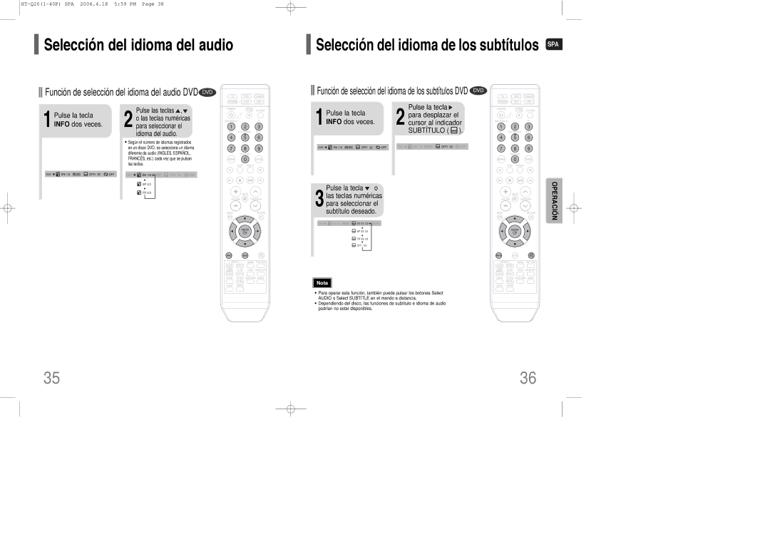 Samsung HT-Q20R/ELS, HT-TQ22R/ELS manual Selección del idioma del audio, Pulse la tecla Info dos veces Pulse la tecla o 