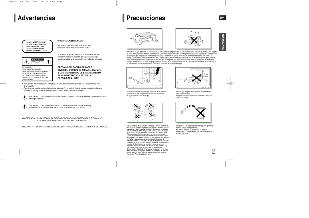 Samsung HT-TQ22R/ELS, HT-Q20R/ELS manual Advertencias PrecaucionesSPA 