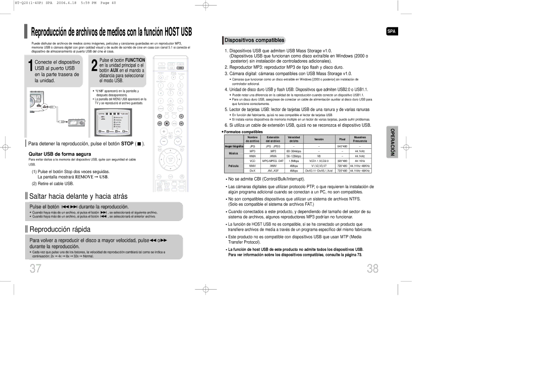 Samsung HT-TQ22R/ELS Para detener la reproducción, pulse el botón Stop, Quitar USB de forma segura, Formatos compatibles 