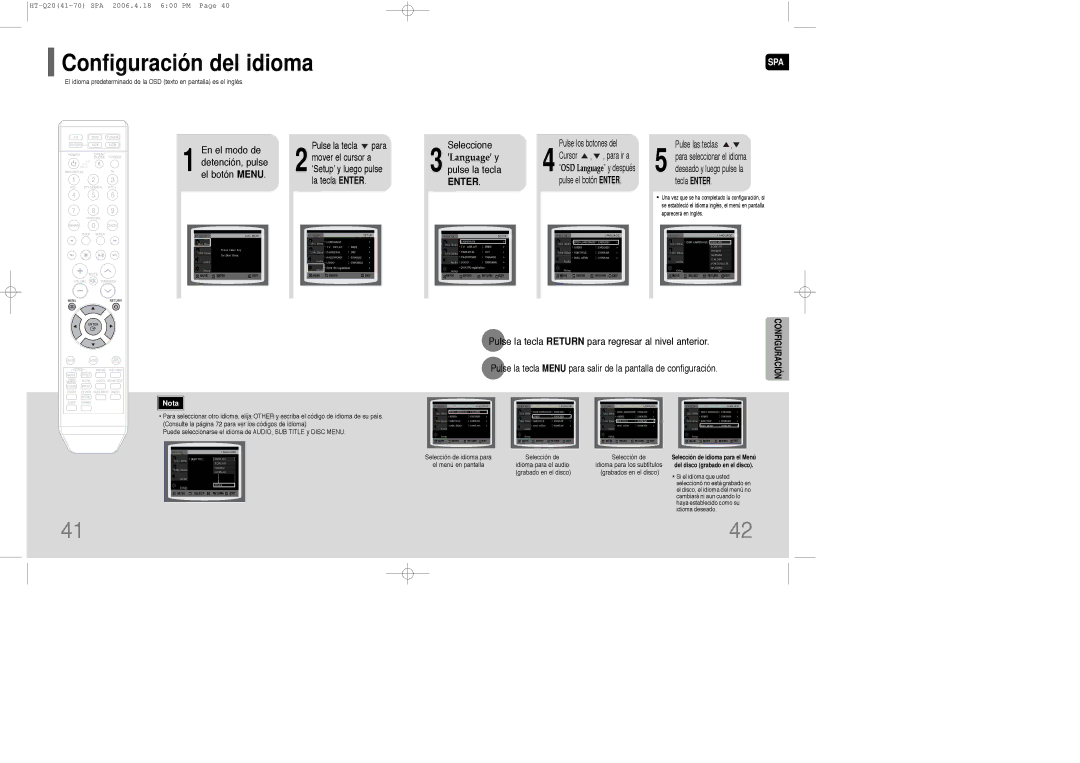 Samsung HT-TQ22R/ELS, HT-Q20R/ELS manual Configuración del idioma, Detención, pulse, Seleccione 