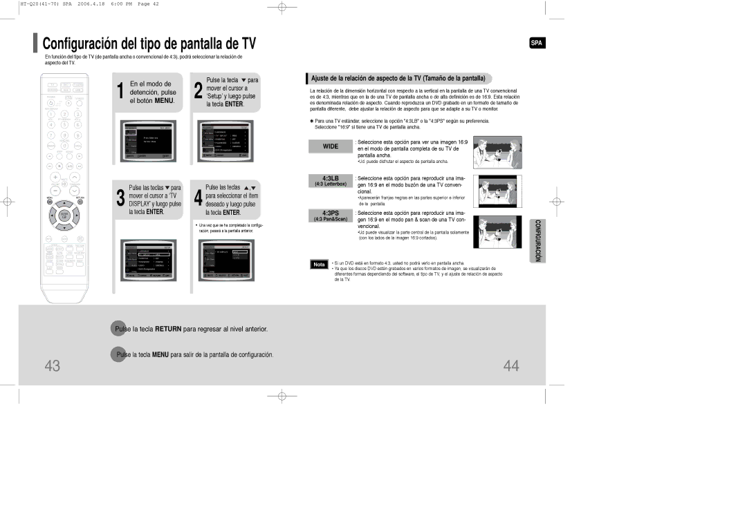 Samsung HT-Q20R/ELS, HT-TQ22R/ELS manual En el modo de Detención, pulse el botón Menu, 43PS, 43 Pan&Scan 