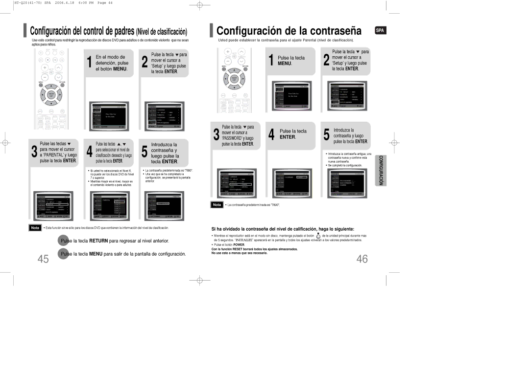 Samsung HT-TQ22R/ELS, HT-Q20R/ELS manual Configuración del control de padres Nivel de clasificación 