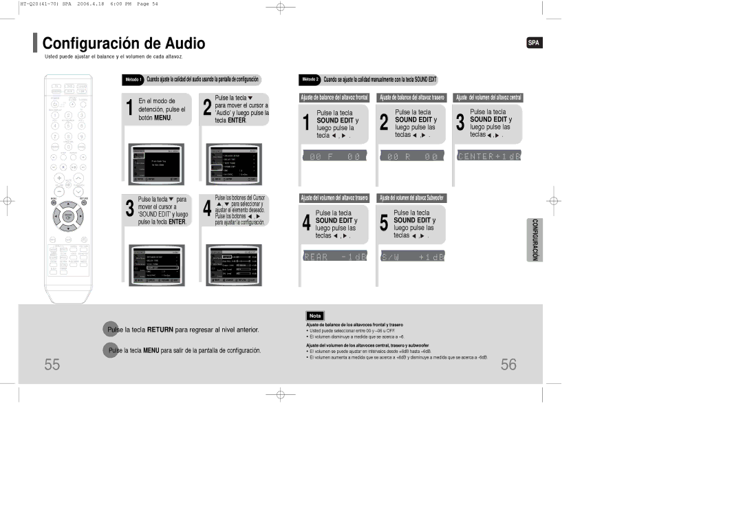 Samsung HT-Q20R/ELS manual Configuración de Audio, Sound Edit y luego pulse la tecla, Sound Edit y luego pulse las teclas 