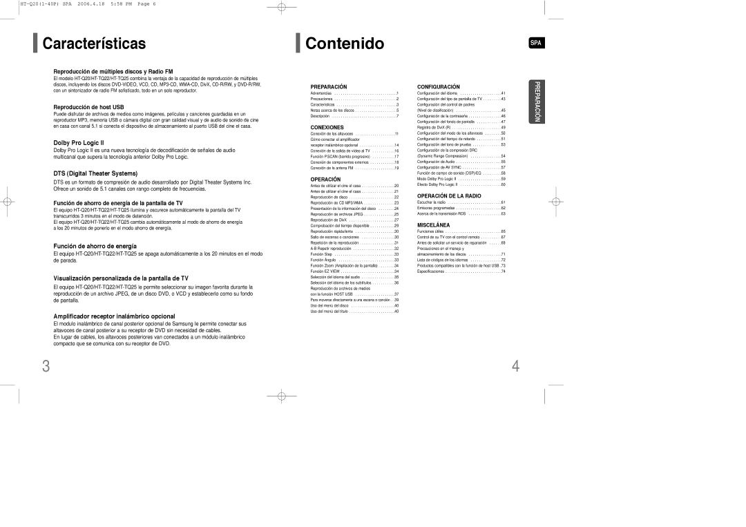 Samsung HT-Q20R/ELS, HT-TQ22R/ELS manual Características 