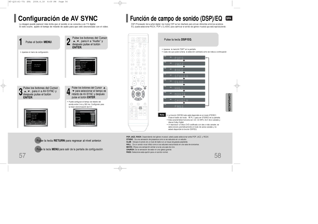 Samsung HT-TQ22R/ELS manual Configuración de AV Sync, Pulse el botón Menu, Pulse los botones del, Pulse la tecla DSP/EQ 