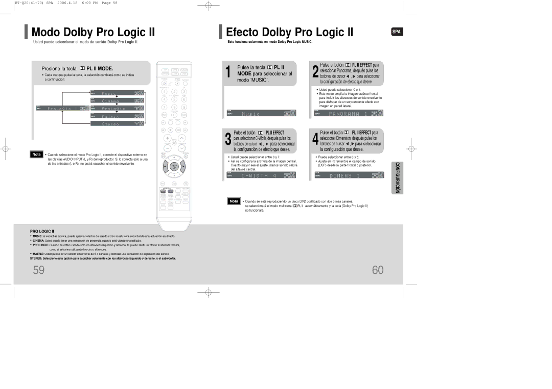 Samsung HT-Q20R/ELS manual Modo Dolby Pro Logic, Presione la tecla PL II Mode, Pulse la tecla PL, Mode para seleccionar el 