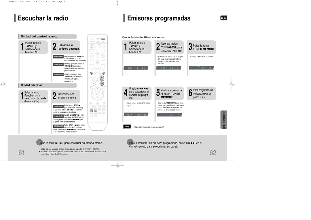 Samsung HT-TQ22R/ELS manual Escuchar la radio, Unidad del control remoto, Tuner y seleccione la banda FM, TUNING/CH para 