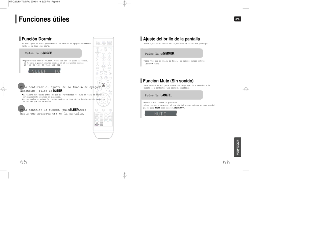 Samsung HT-TQ22R/ELS manual Funciones útiles, Función Dormir, Ajuste del brillo de la pantalla, Función Mute Sin sonido 