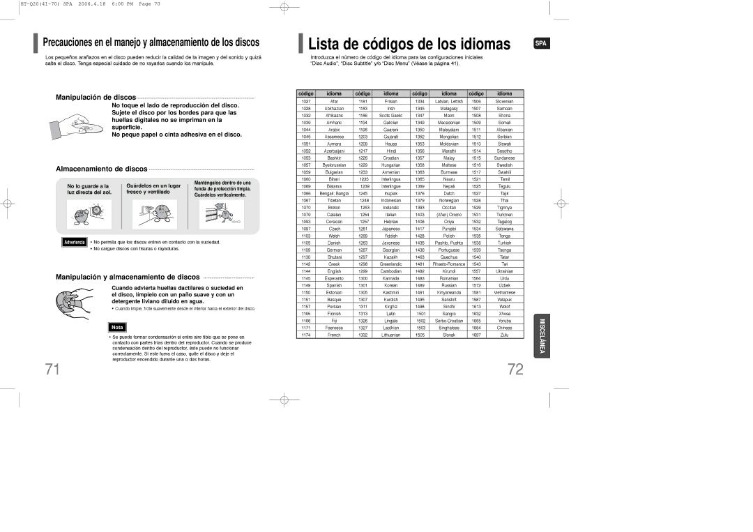 Samsung HT-Q20R/ELS manual No lo guarde a la Guárdelos en un lugar, Luz directa del sol Fresco y ventilado, Código Idioma 