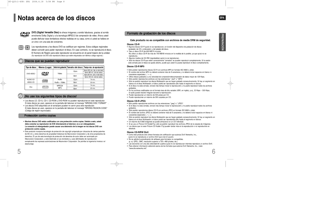 Samsung HT-TQ22R/ELS, HT-Q20R/ELS manual Notas acerca de los discos, Protección contra copias 