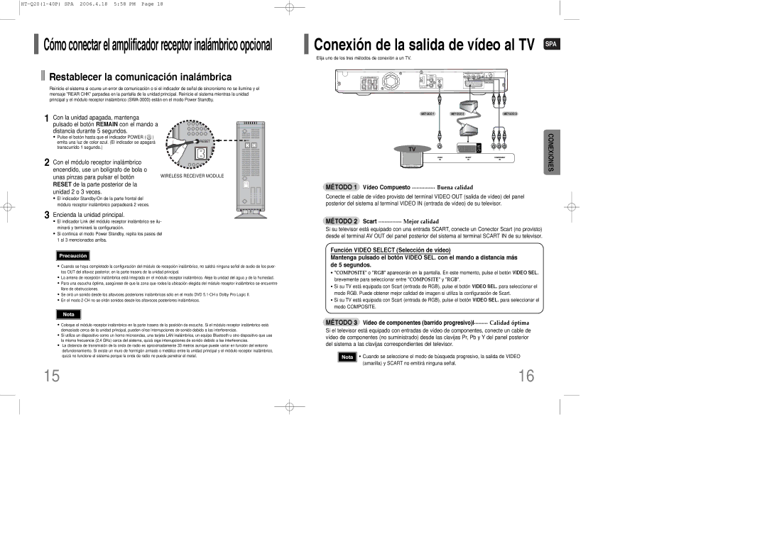 Samsung HT-Q20R/ELS manual Restablecer la comunicación inalámbrica, Método 1 Vídeo Compuesto ............... Buena calidad 