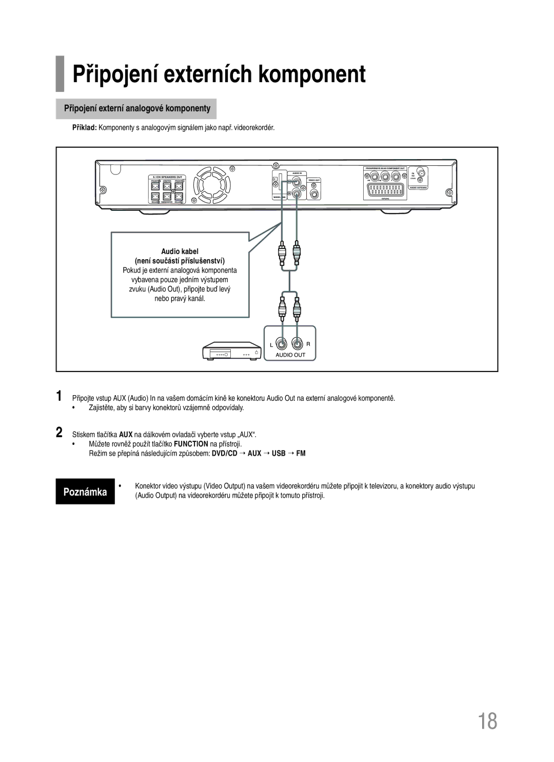 Samsung HT-Q20R/ELS, HT-TQ22R/ELS manual Připojení externích komponent, Připojení externí analogové komponenty 