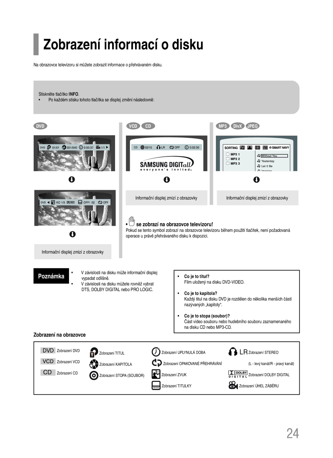 Samsung HT-Q20R/ELS, HT-TQ22R/ELS Zobrazení informací o disku, Se zobrazí na obrazovce televizoru, Zobrazení na obrazovce 