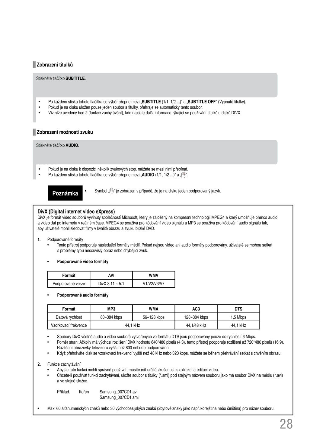 Samsung HT-Q20R/ELS, HT-TQ22R/ELS manual Zobrazení titulků, Zobrazení možností zvuku, DivX Digital internet video eXpress 