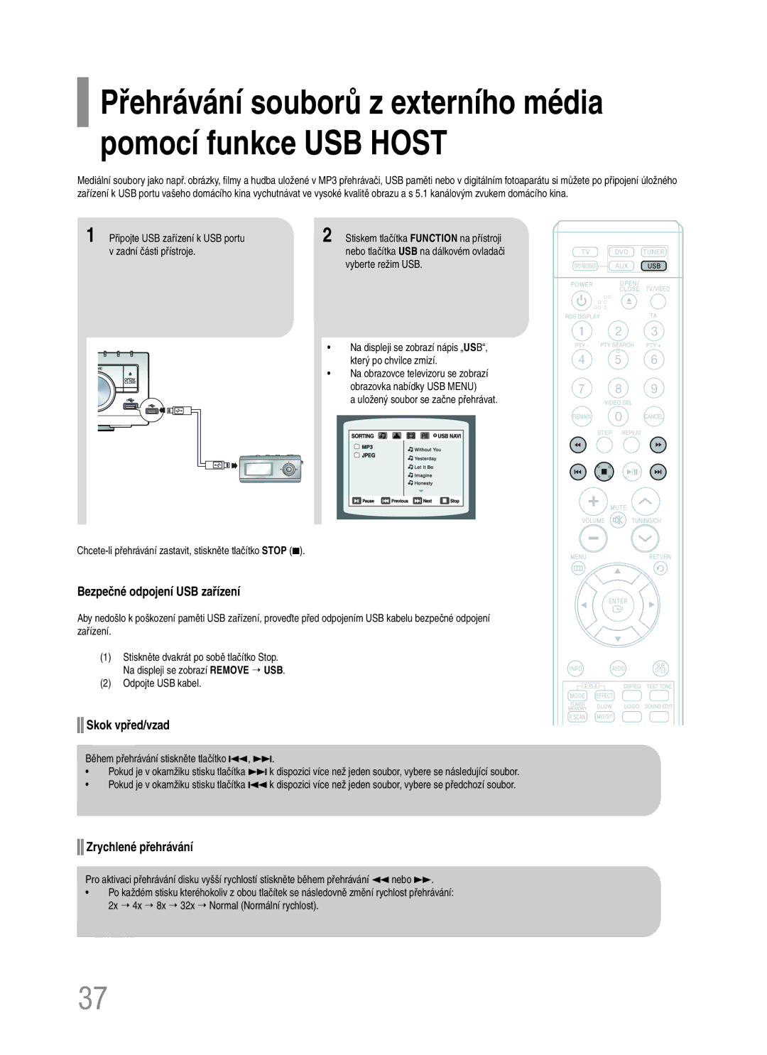 Samsung HT-TQ22R/ELS manual Bezpečné odpojení USB zařízení, Připojte USB zařízení k USB portu v zadní části přístroje 