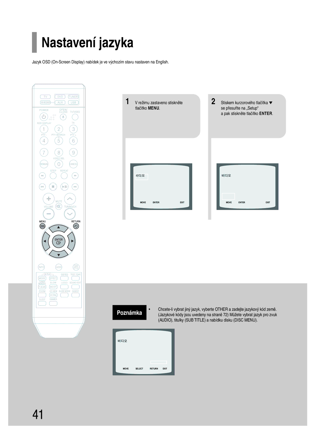 Samsung HT-TQ22R/ELS, HT-Q20R/ELS manual Nastavení jazyka, AUDIO, titulky SUB Title a nabídku disku Disc Menu 