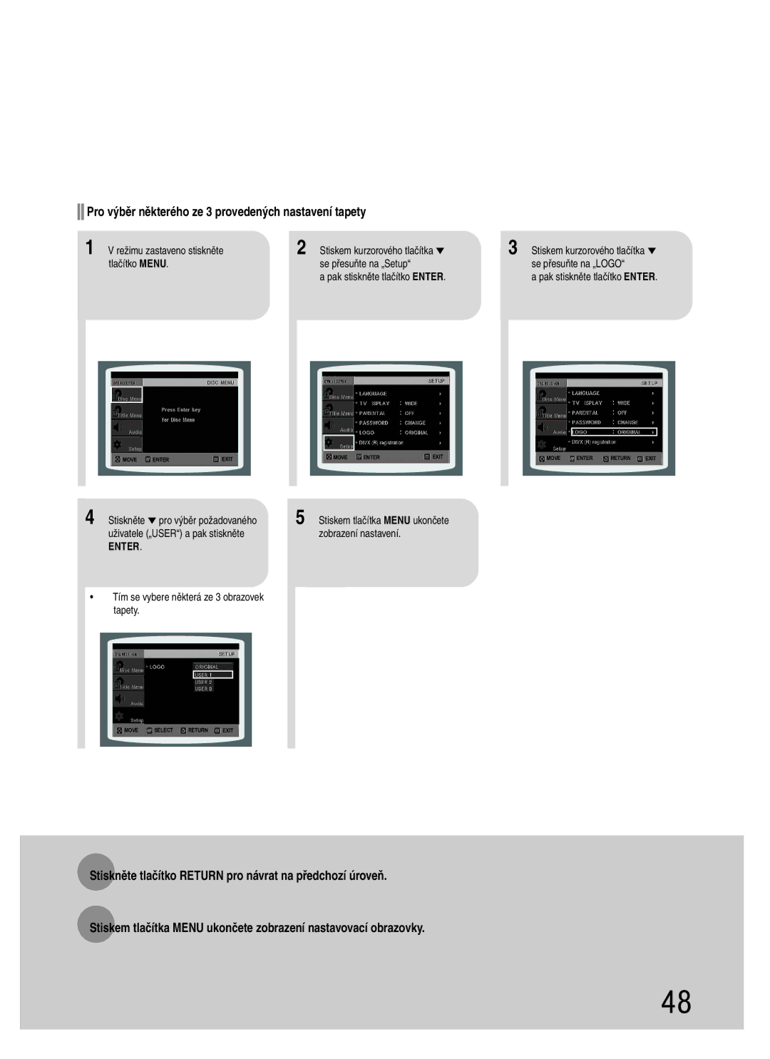 Samsung HT-Q20R/ELS manual Pro výběr některého ze 3 provedených nastavení tapety, Tlačítko Menu Se přesuňte na „Setup 