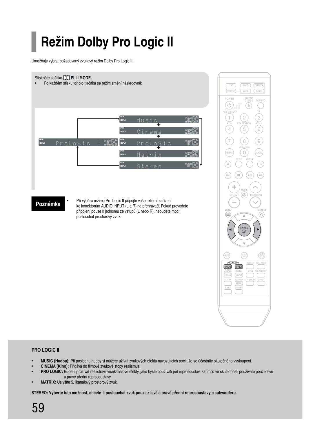 Samsung HT-TQ22R/ELS, HT-Q20R/ELS manual Režim Dolby Pro Logic, Poslouchat prostorový zvuk 