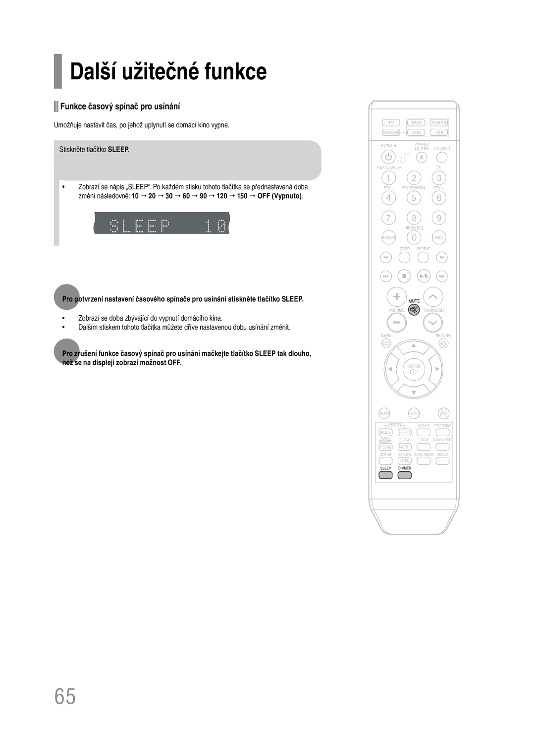 Samsung HT-TQ22R/ELS, HT-Q20R/ELS manual Další užitečné funkce, Funkce časový spínač pro usínání 