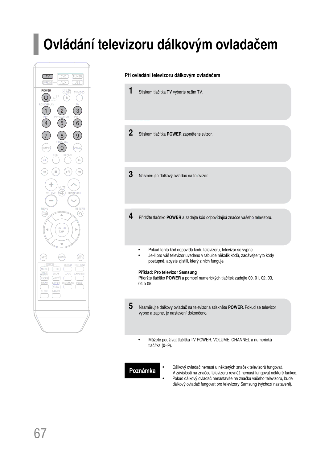 Samsung HT-TQ22R/ELS, HT-Q20R/ELS manual Při ovládání televizoru dálkovým ovladačem, Příklad Pro televizor Samsung 