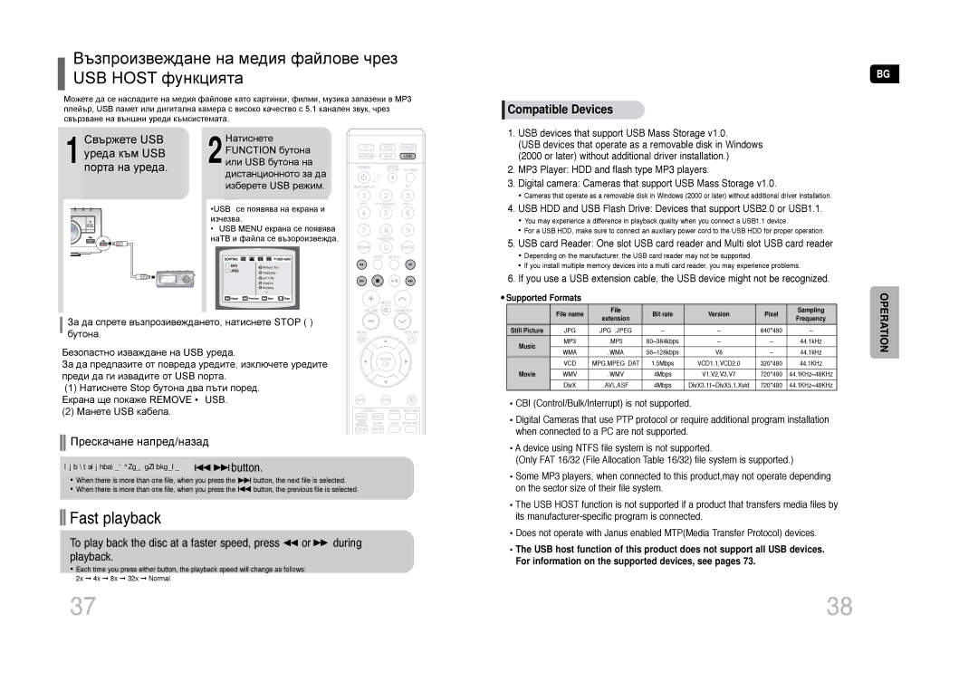 Samsung HT-Q20R/ELS, HT-TQ22R/ELS, HT-TQ25R/ELS Свържете USB, ПрескачанеForward/Backнапред назад, Бързо възпрозивеждане 