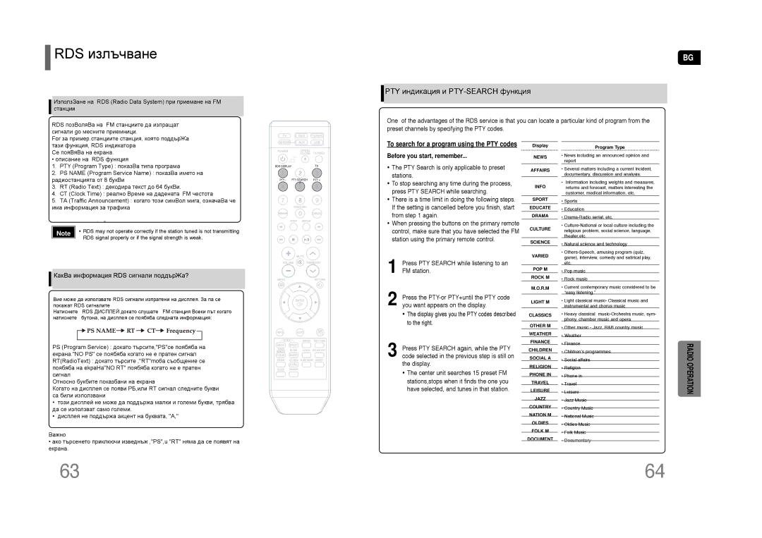 Samsung HT-TQ22R/ELS manual About RDS broadcasting, RDS излъчване, PTY Program Type indication and PTY-SEARCH function 