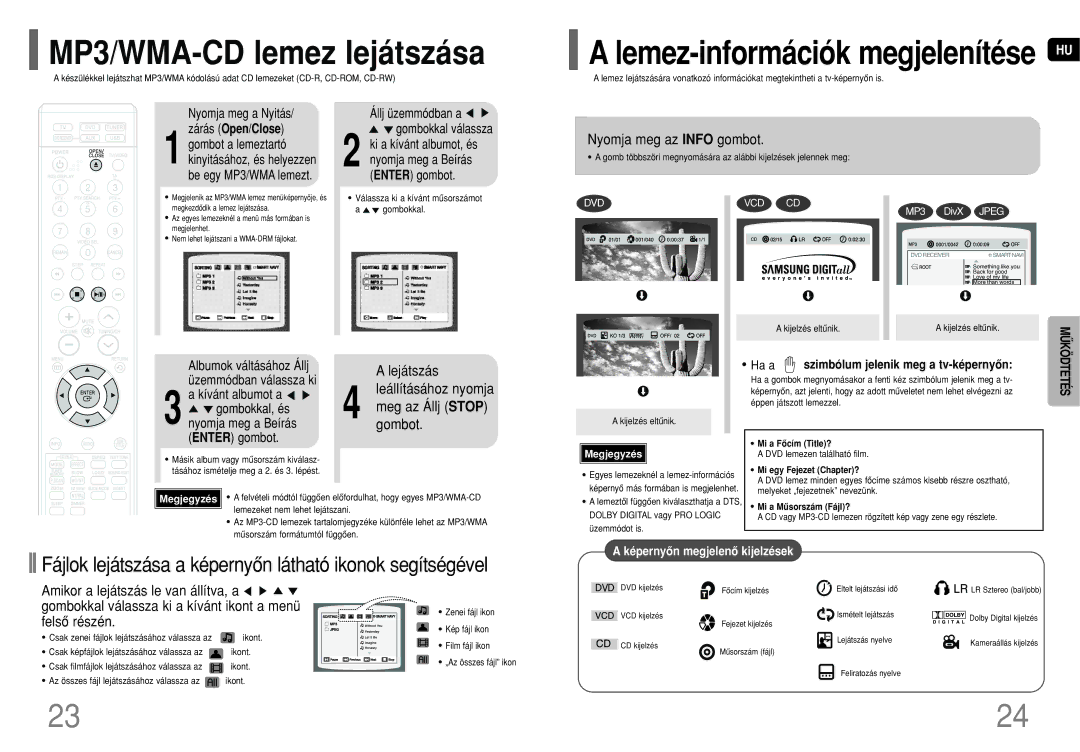 Samsung HT-TQ25R/ELS, HT-TQ22R/ELS, HT-Q20R/ELS MP3/WMA-CD lemez lejátszása, Nyomja meg az Info gombot, Lejátszás, Gombot 