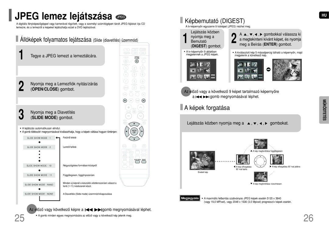 Samsung HT-Q20R/ELS manual Jpeg lemez lejátszása Jpeg, OPEN/CLOSE gombot, Lejátszás közben nyomja meg a , , , gombokat 