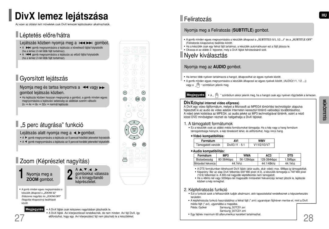 Samsung HT-TQ22R/ELS, HT-TQ25R/ELS, HT-Q20R/ELS manual DivX lemez lejátszása 