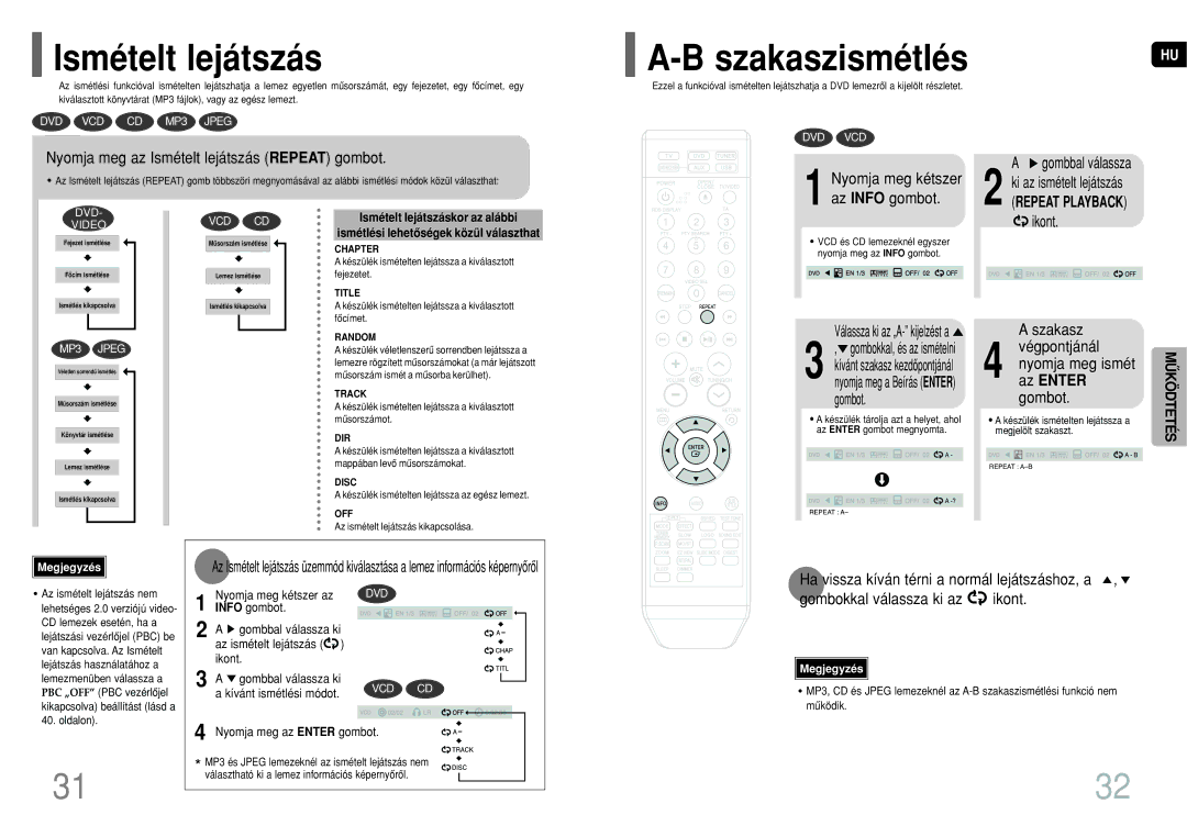 Samsung HT-Q20R/ELS, HT-TQ22R/ELS, HT-TQ25R/ELS manual Ismételt lejátszás, Szakaszismétlés, Az Enter 