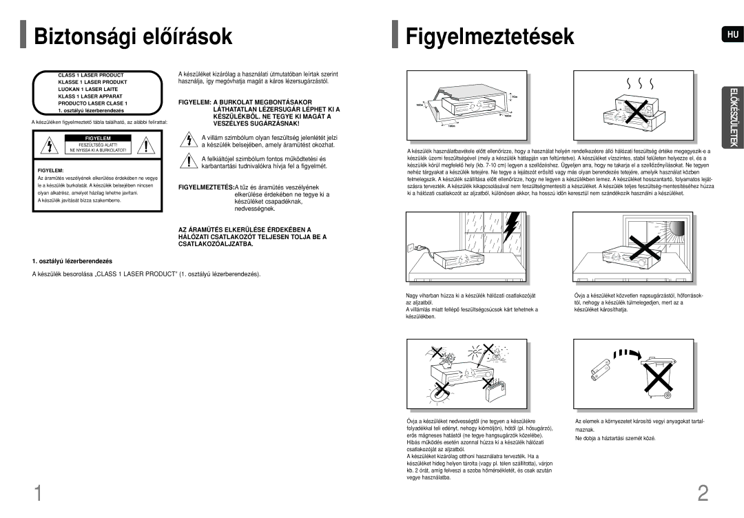 Samsung HT-Q20R/ELS, HT-TQ22R/ELS, HT-TQ25R/ELS manual Biztonsági elôírások FigyelmeztetésekHU, Osztályú lézerberendezés 