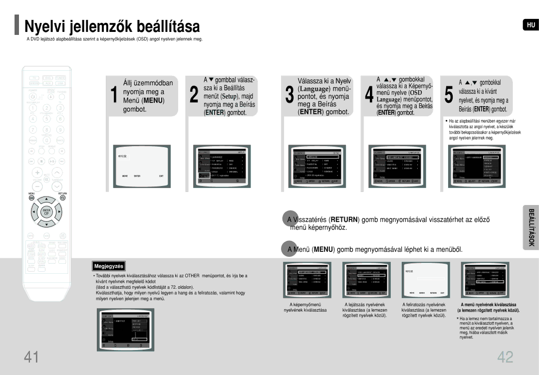 Samsung HT-TQ25R/ELS, HT-TQ22R/ELS, HT-Q20R/ELS manual Nyelvi jellemzôk beállítása, Válassza ki a Nyelv 