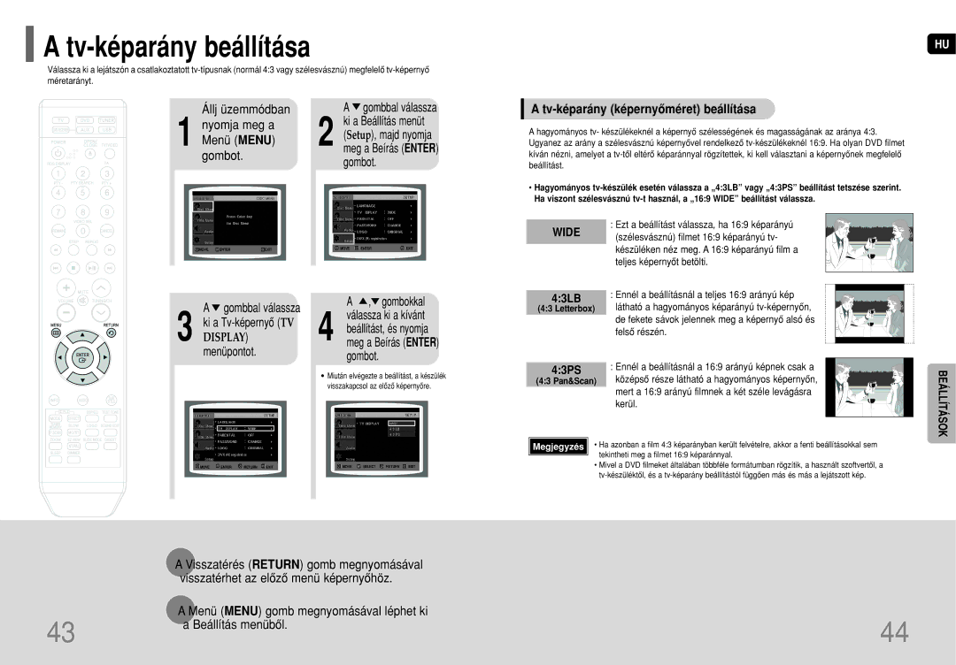 Samsung HT-Q20R/ELS manual Tv-képarány beállítása, Menü Menu, Tv-képarány képernyôméret beállítása, Gombbal válassza 