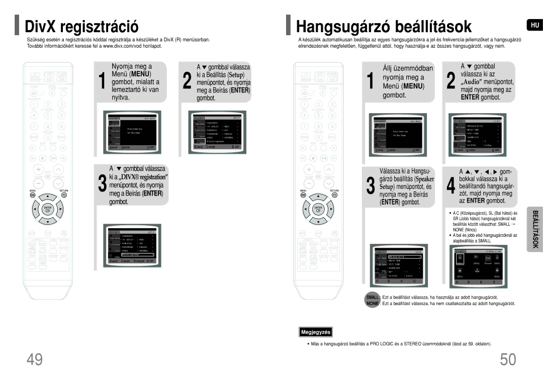 Samsung HT-Q20R/ELS, HT-TQ22R/ELS DivX regisztráció Hangsugárzó beállítások, Válassza ki a Hangsu, Gom, Az Enter gombot 