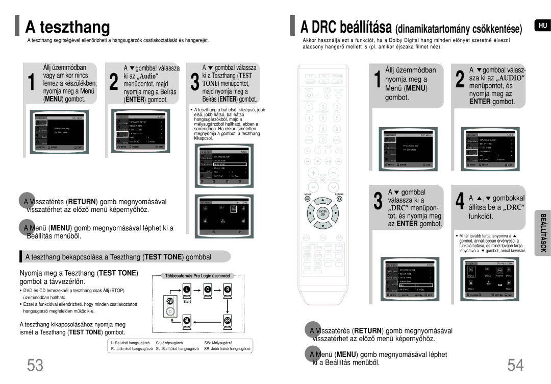 Samsung HT-TQ25R/ELS, HT-TQ22R/ELS manual Kikapcsol.ki a Teszthang Test Állj üzemmódban, 1nyomja meg a Menü Menu gombot 