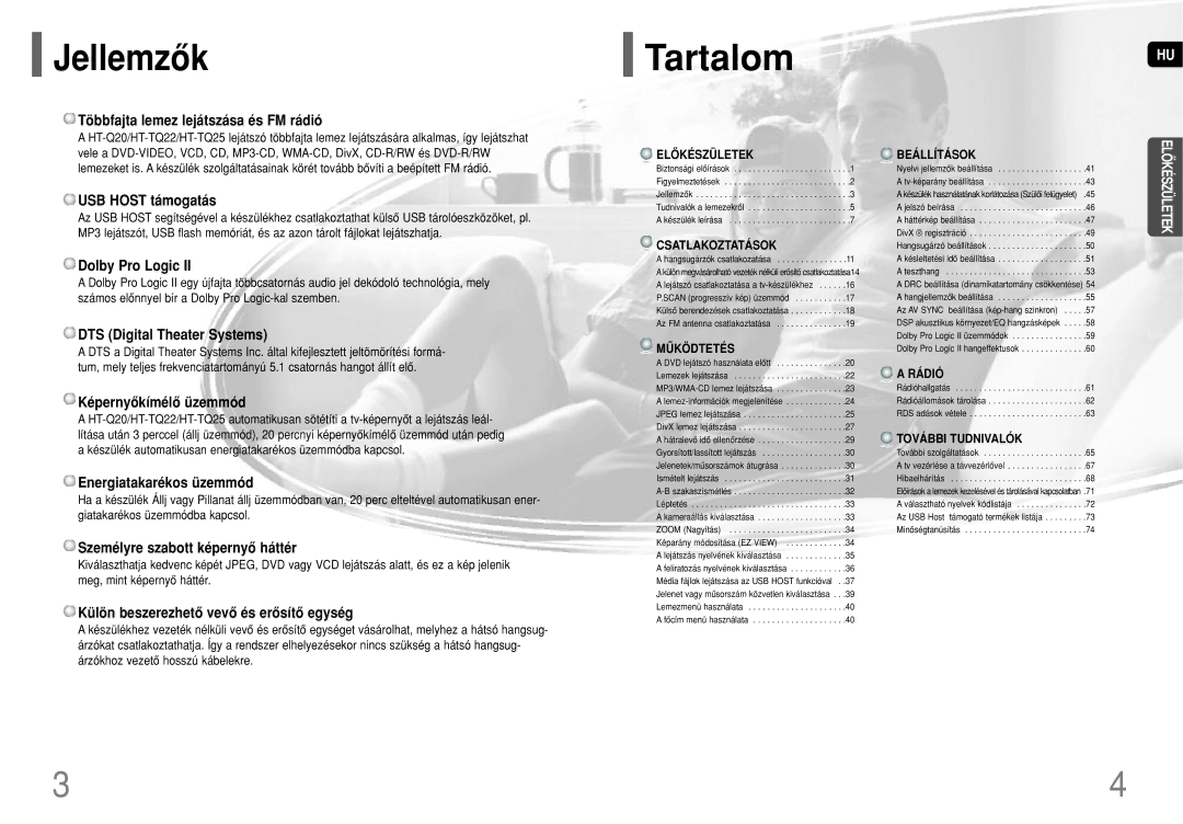 Samsung HT-TQ22R/ELS, HT-TQ25R/ELS, HT-Q20R/ELS manual Jellemzôk, TartalomHU 