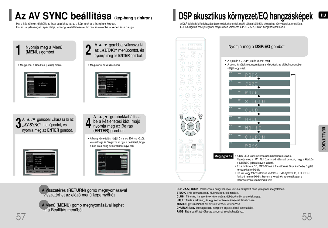 Samsung HT-TQ22R/ELS, HT-TQ25R/ELS manual Az AV Sync beállítása kép-hang szinkron, Nyomja meg a Menü Gombbal válassza ki 