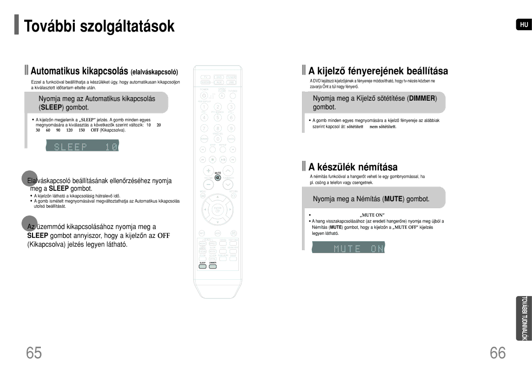 Samsung HT-TQ25R/ELS manual Nyomja meg az Automatikus kikapcsolás, Sleep gombot Gombot, Nyomja meg a Némítás Mute gombot 