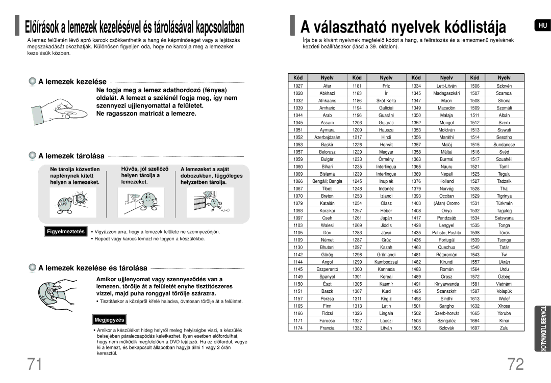 Samsung HT-TQ25R/ELS, HT-TQ22R/ELS, HT-Q20R/ELS manual Lemezek tárolása, Lemezek kezelése és tárolása 