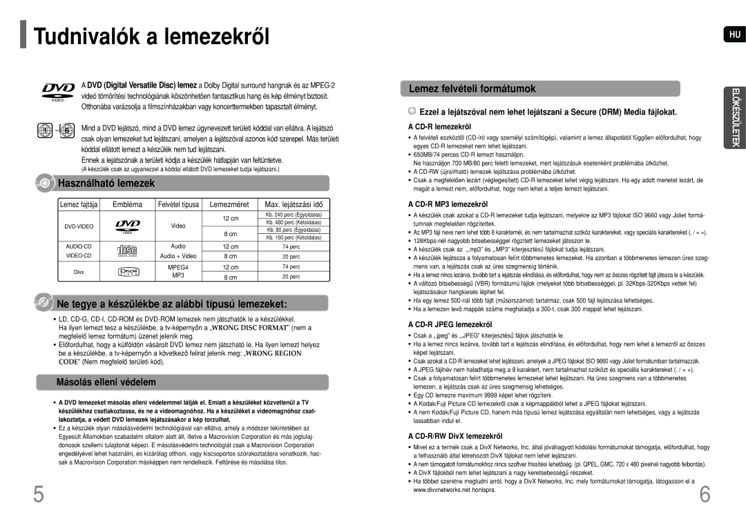 Samsung HT-TQ25R/ELS manual Tudnivalók a lemezekrôl, Használható lemezek, Ne tegye a készülékbe az alábbi típusú lemezeket 