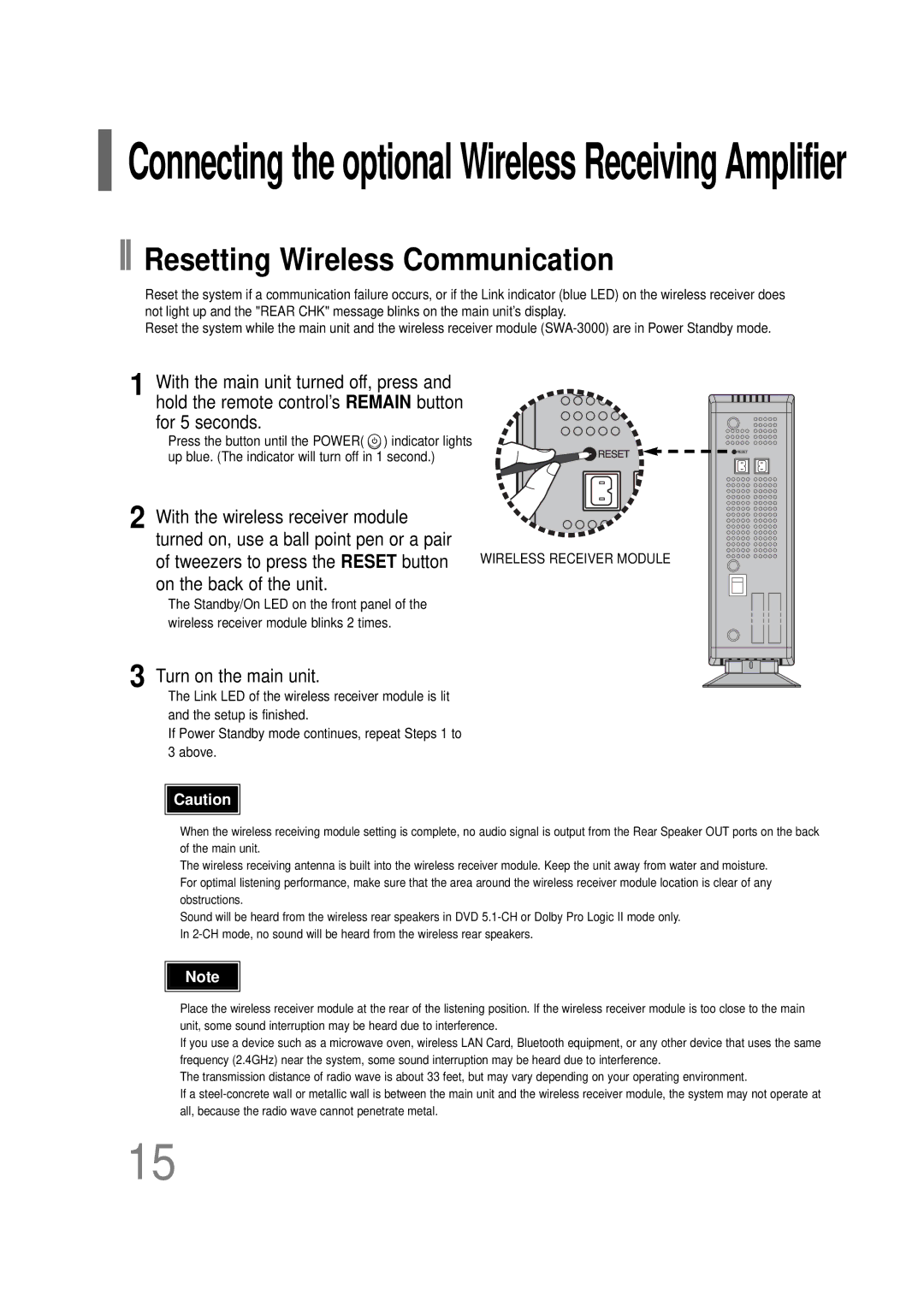 Samsung HT-TQ22R/XFU, HT-Q20R/XFU, HT-TQ25R/XFO, HT-TQ22R/XFO manual Resetting Wireless Communication 