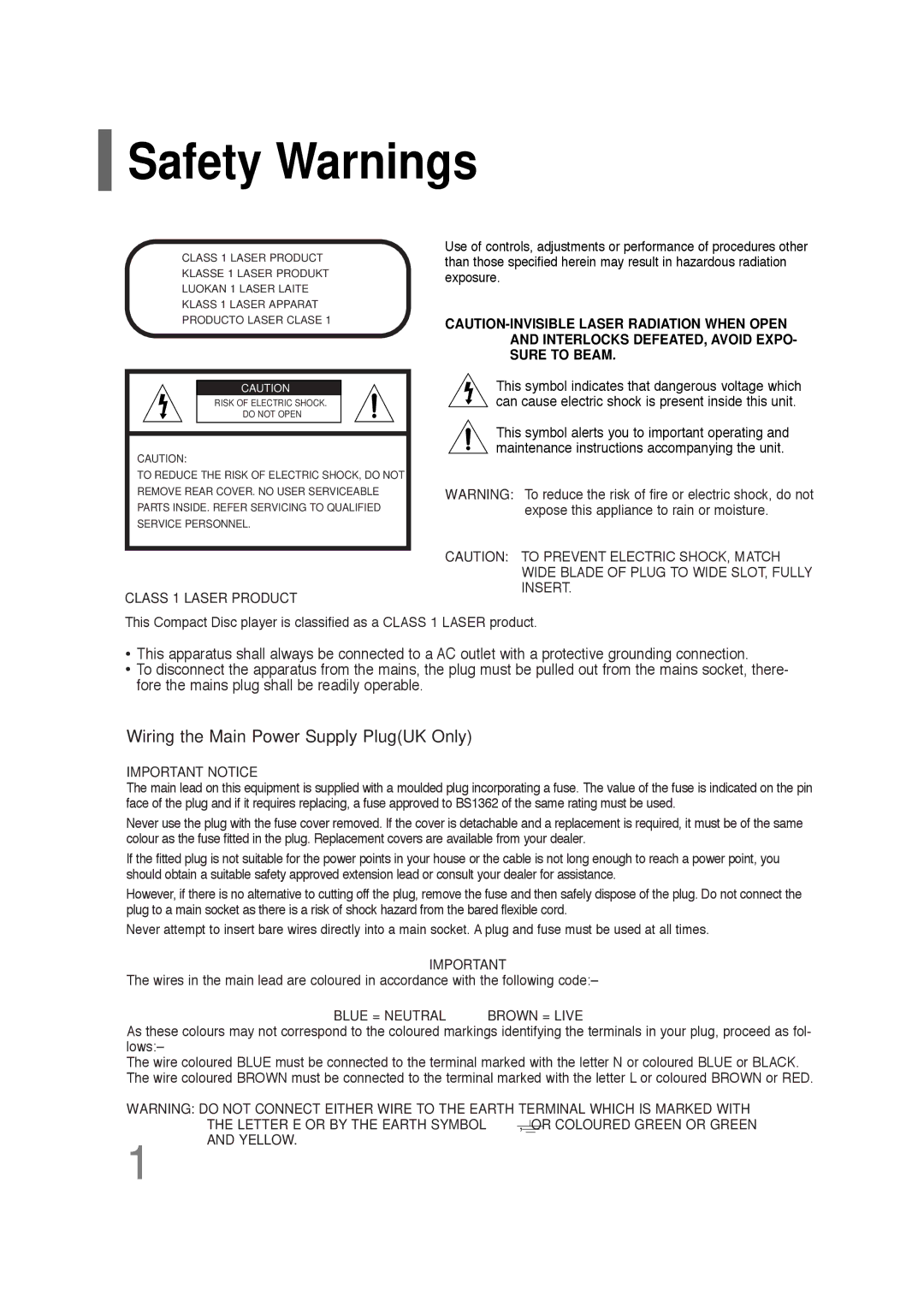 Samsung HT-TQ25R/XFO, HT-TQ22R/XFU, HT-Q20R/XFU, HT-TQ22R/XFO manual Safety Warnings, Class 1 Laser Product 