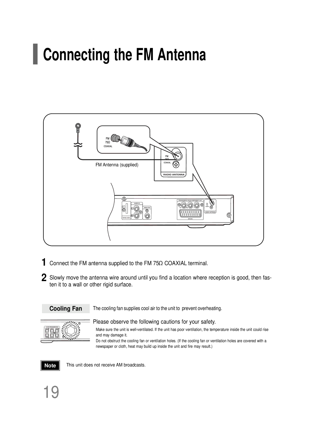 Samsung HT-TQ22R/XFU, HT-Q20R/XFU, HT-TQ25R/XFO, HT-TQ22R/XFO manual Connecting the FM Antenna, Cooling Fan 